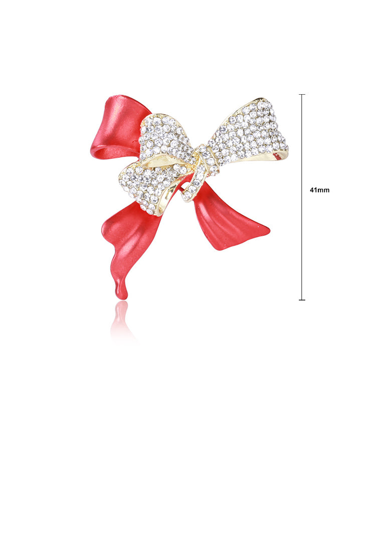 Simple and Sweet Plated Gold Enamel Red Ribbon Brooch with Cubic Zirconia - Luxurious Look - Vibrant Color