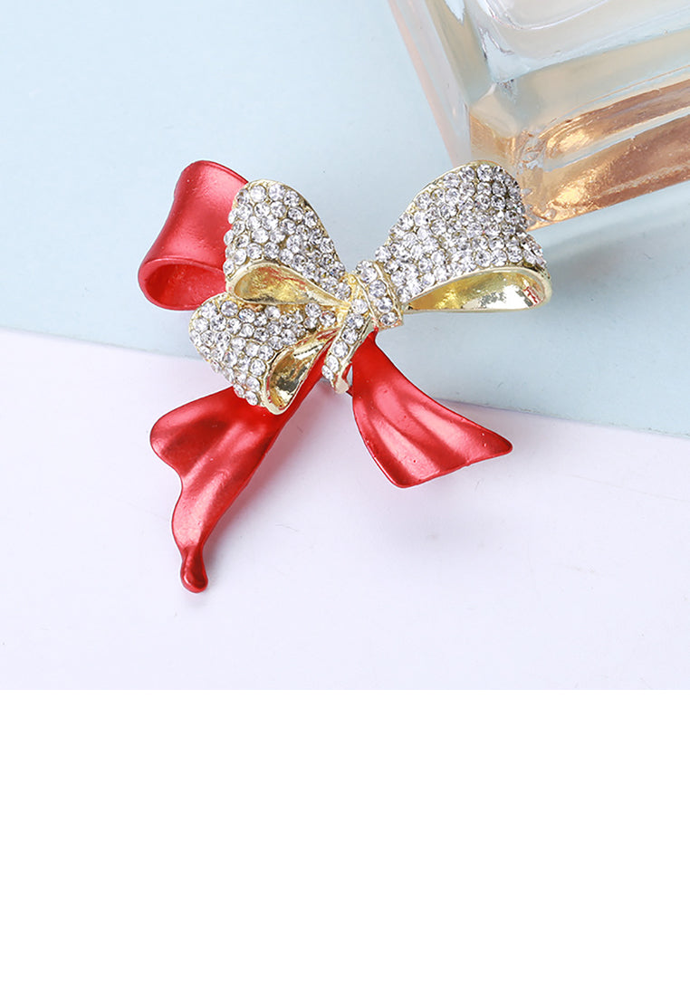 Simple and Sweet Plated Gold Enamel Red Ribbon Brooch with Cubic Zirconia - Luxurious Look - Vibrant Color