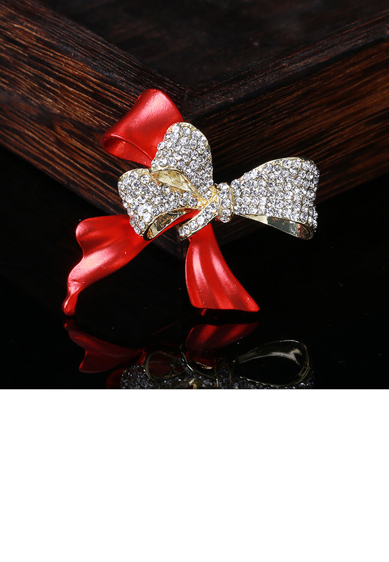Simple and Sweet Plated Gold Enamel Red Ribbon Brooch with Cubic Zirconia - Luxurious Look - Vibrant Color
