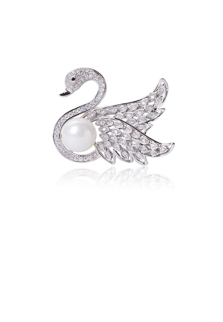 Fashion and Elegant Swan Imitation Pearl Brooch with Cubic Zirconia - Luxurious Look