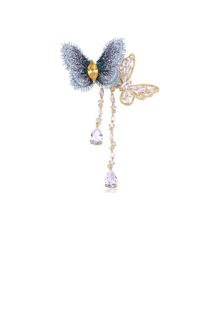 Fashion and Elegant Plated Gold Double Butterfly Tassel Brooch with Cubic Zirconia - Luxurious Look
