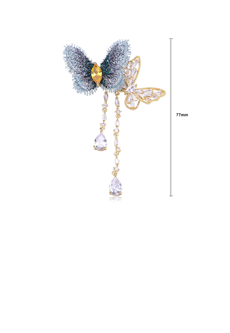 Fashion and Elegant Plated Gold Double Butterfly Tassel Brooch with Cubic Zirconia - Luxurious Look