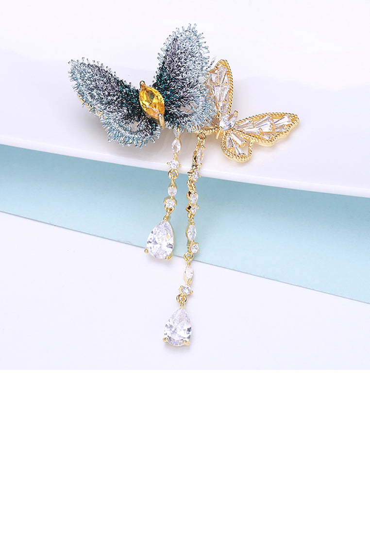 Fashion and Elegant Plated Gold Double Butterfly Tassel Brooch with Cubic Zirconia - Luxurious Look