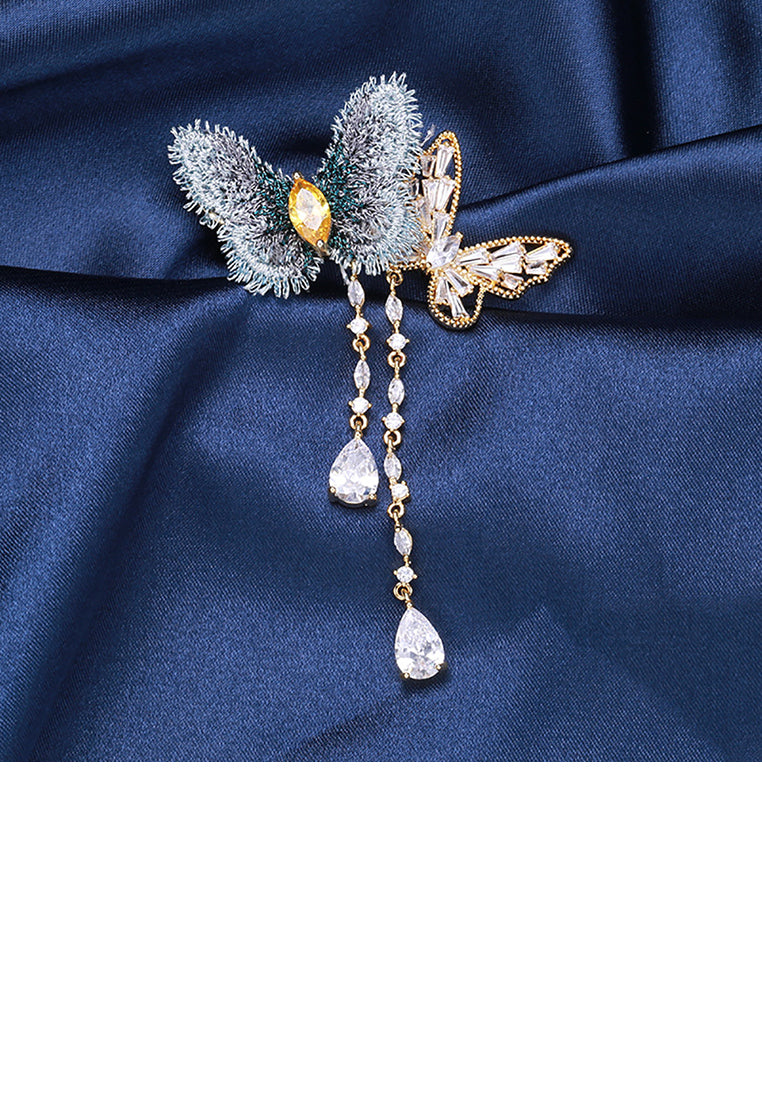 Fashion and Elegant Plated Gold Double Butterfly Tassel Brooch with Cubic Zirconia - Luxurious Look