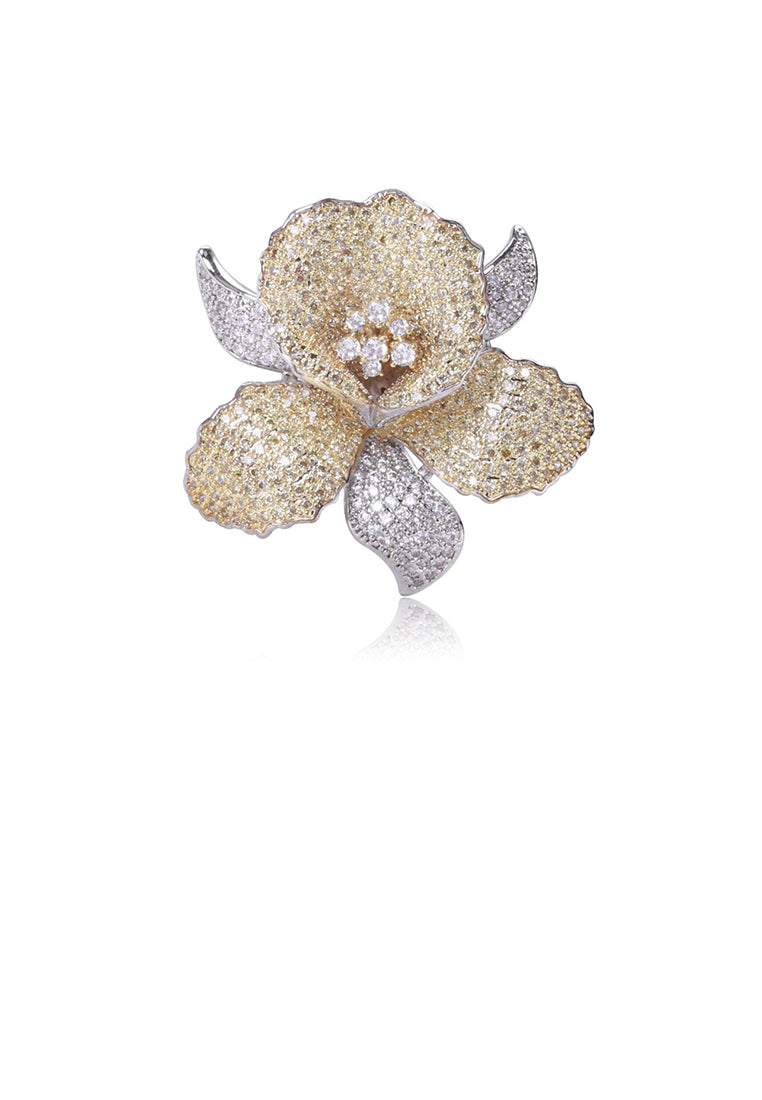 Fashion Bright Plated Gold Two-tone Flower Brooch with Cubic Zirconia - Luxurious Look