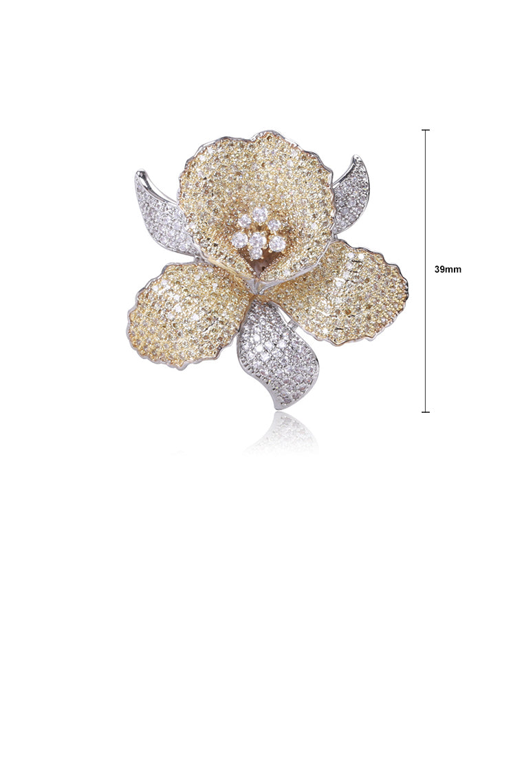 Fashion Bright Plated Gold Two-tone Flower Brooch with Cubic Zirconia - Luxurious Look