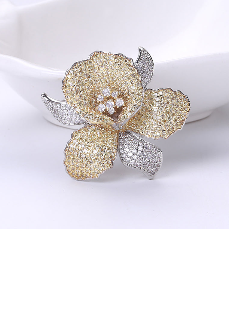 Fashion Bright Plated Gold Two-tone Flower Brooch with Cubic Zirconia - Luxurious Look