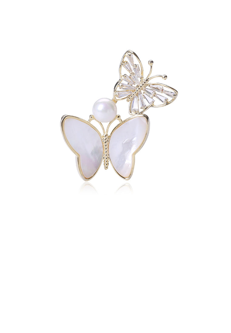 Fashion and Lovely Plated Gold Double Butterfly Imitation Pearl Brooch with Cubic Zirconia - Luxurious Look