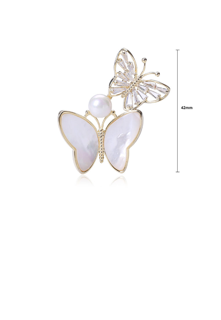 Fashion and Lovely Plated Gold Double Butterfly Imitation Pearl Brooch with Cubic Zirconia - Luxurious Look