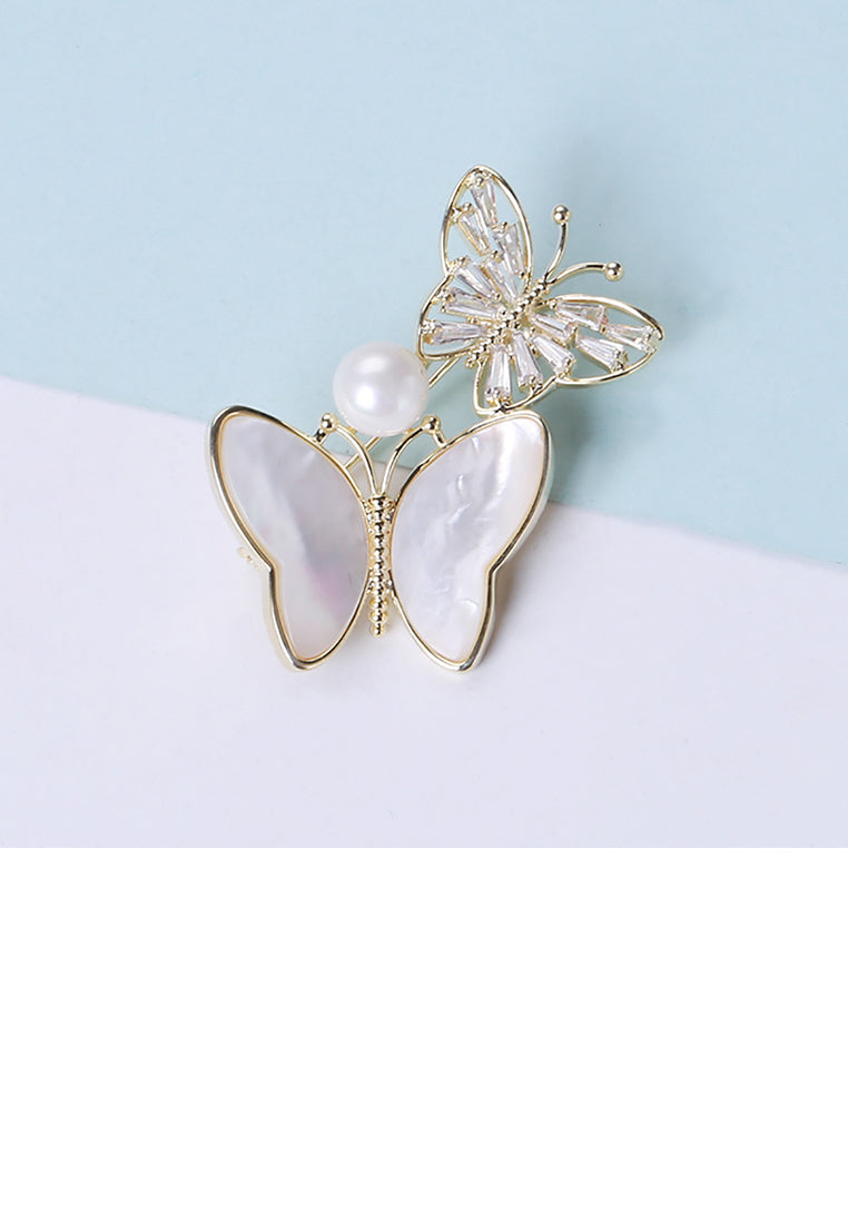 Fashion and Lovely Plated Gold Double Butterfly Imitation Pearl Brooch with Cubic Zirconia - Luxurious Look
