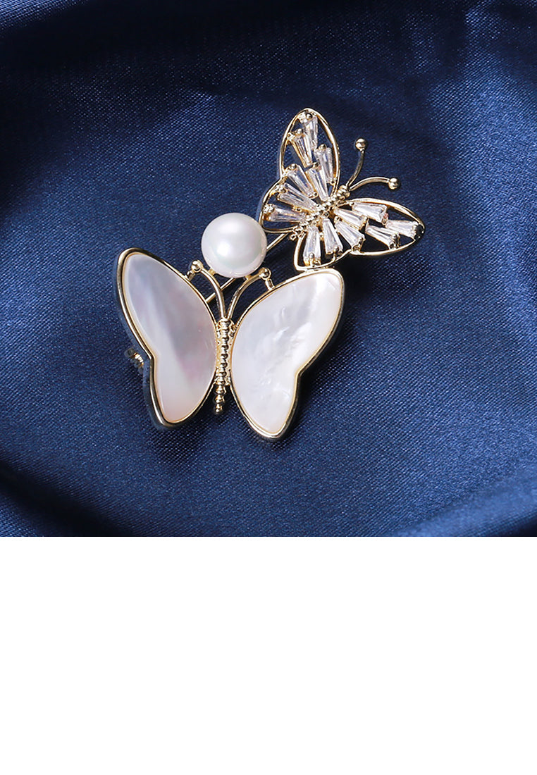 Fashion and Lovely Plated Gold Double Butterfly Imitation Pearl Brooch with Cubic Zirconia - Luxurious Look