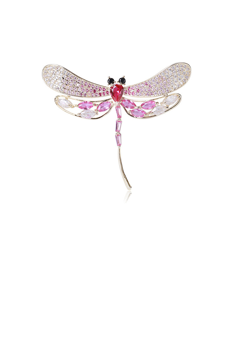 Simple and Cute Plated Gold Dragonfly Brooch with Pink Cubic Zirconia - Luxurious Look - Vibrant Color