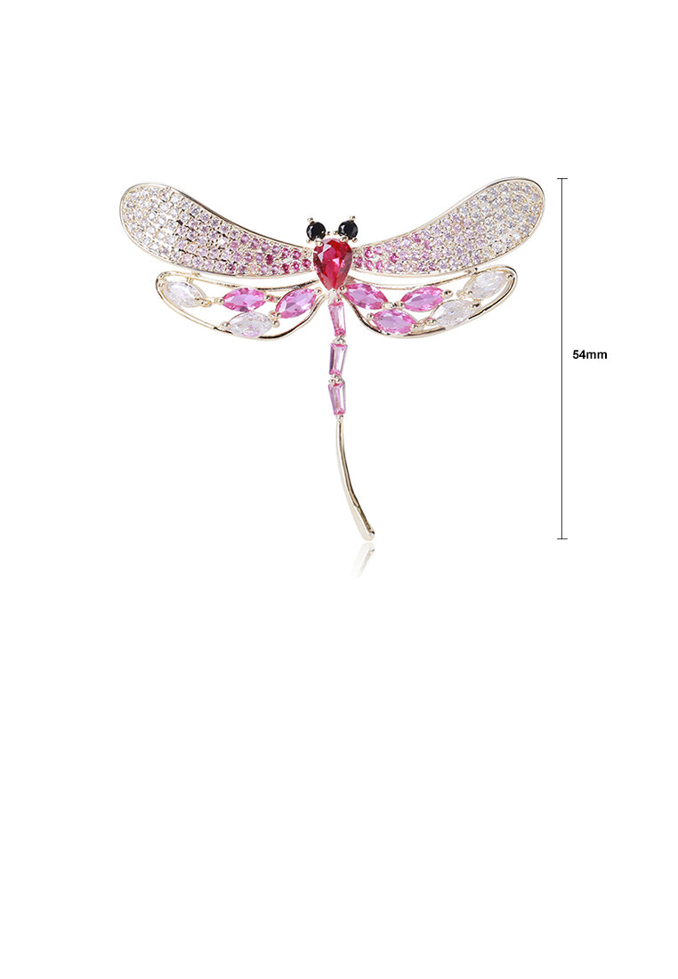 Simple and Cute Plated Gold Dragonfly Brooch with Pink Cubic Zirconia - Luxurious Look - Vibrant Color