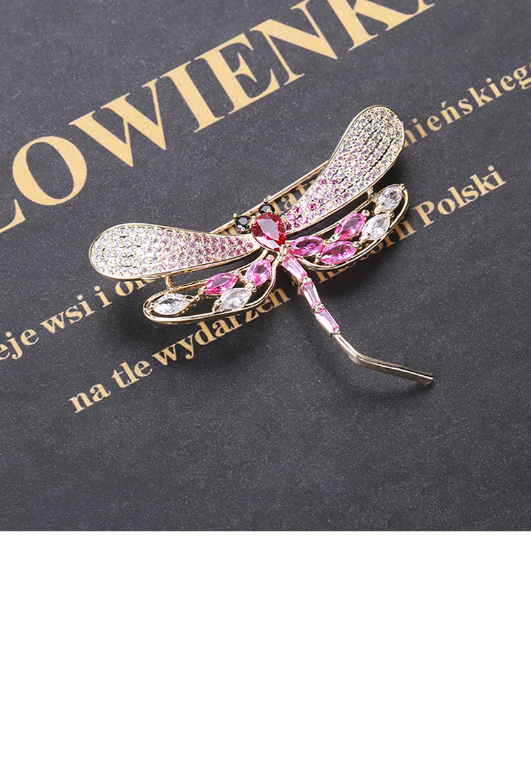 Simple and Cute Plated Gold Dragonfly Brooch with Pink Cubic Zirconia - Luxurious Look - Vibrant Color