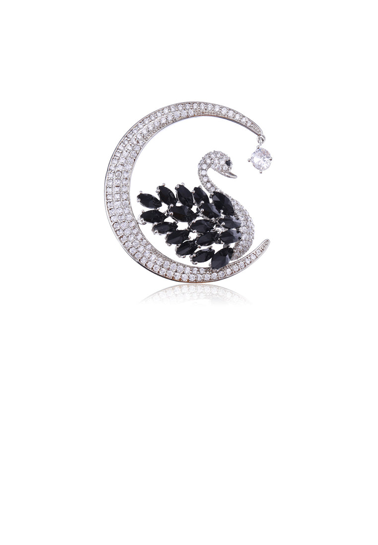 Fashion and Elegant Swan Moon Brooch with Black Cubic Zirconia - Luxurious Look