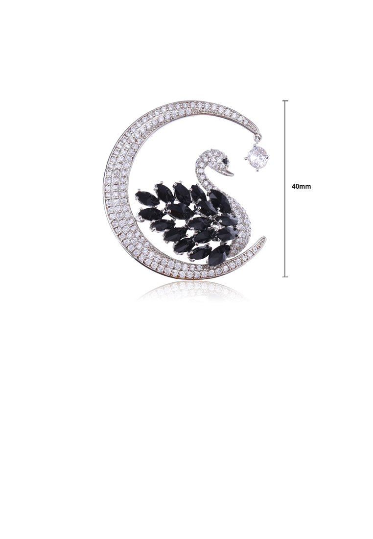 Fashion and Elegant Swan Moon Brooch with Black Cubic Zirconia - Luxurious Look