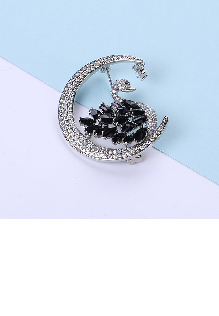 Fashion and Elegant Swan Moon Brooch with Black Cubic Zirconia - Luxurious Look