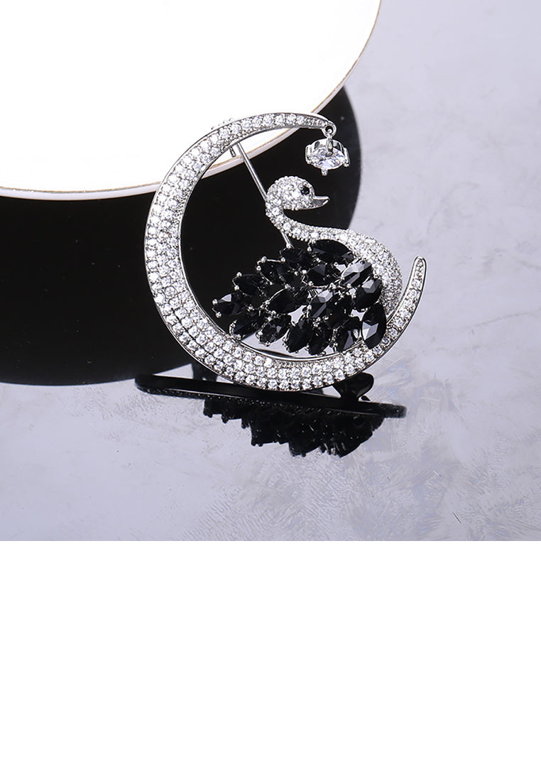 Fashion and Elegant Swan Moon Brooch with Black Cubic Zirconia - Luxurious Look