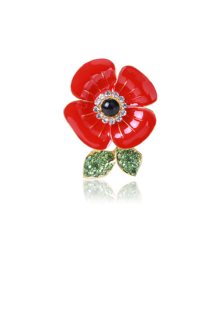 Fashion and Elegant Plated Gold Enamel Red Flower Brooch with Cubic Zirconia - Luxurious Look - Vibrant Color