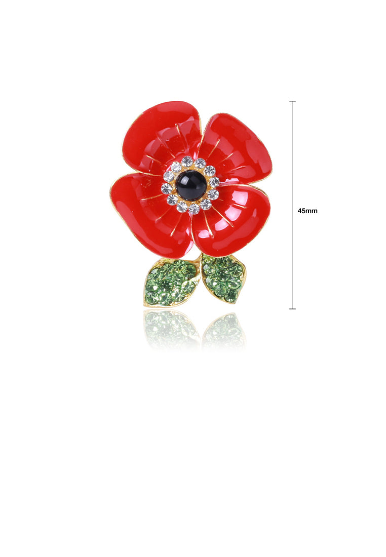 Fashion and Elegant Plated Gold Enamel Red Flower Brooch with Cubic Zirconia - Luxurious Look - Vibrant Color