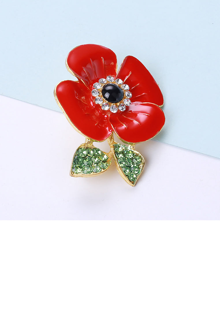 Fashion and Elegant Plated Gold Enamel Red Flower Brooch with Cubic Zirconia - Luxurious Look - Vibrant Color