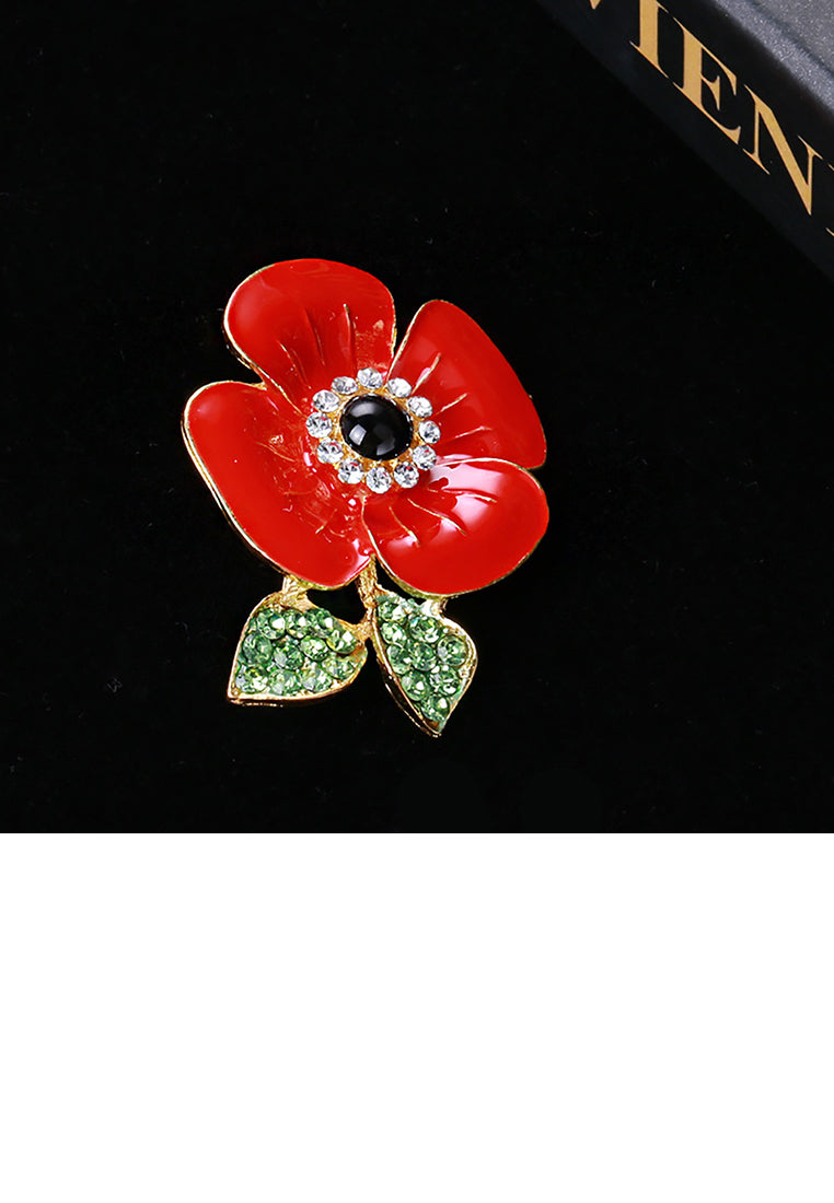 Fashion and Elegant Plated Gold Enamel Red Flower Brooch with Cubic Zirconia - Luxurious Look - Vibrant Color
