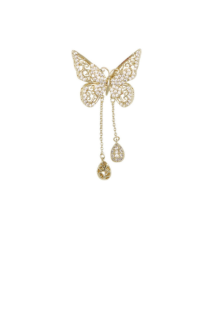 Fashion and Elegant Plated Gold Butterfly Tassel Brooch with Cubic Zirconia - Luxurious Look