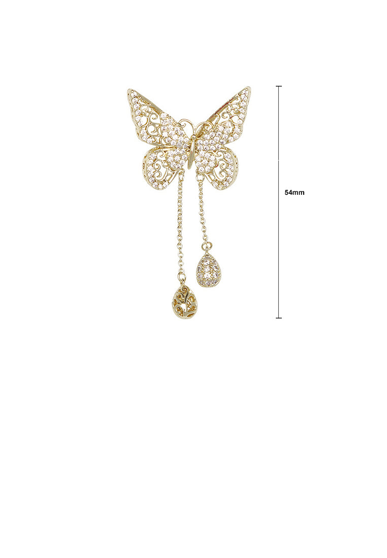 Fashion and Elegant Plated Gold Butterfly Tassel Brooch with Cubic Zirconia - Luxurious Look
