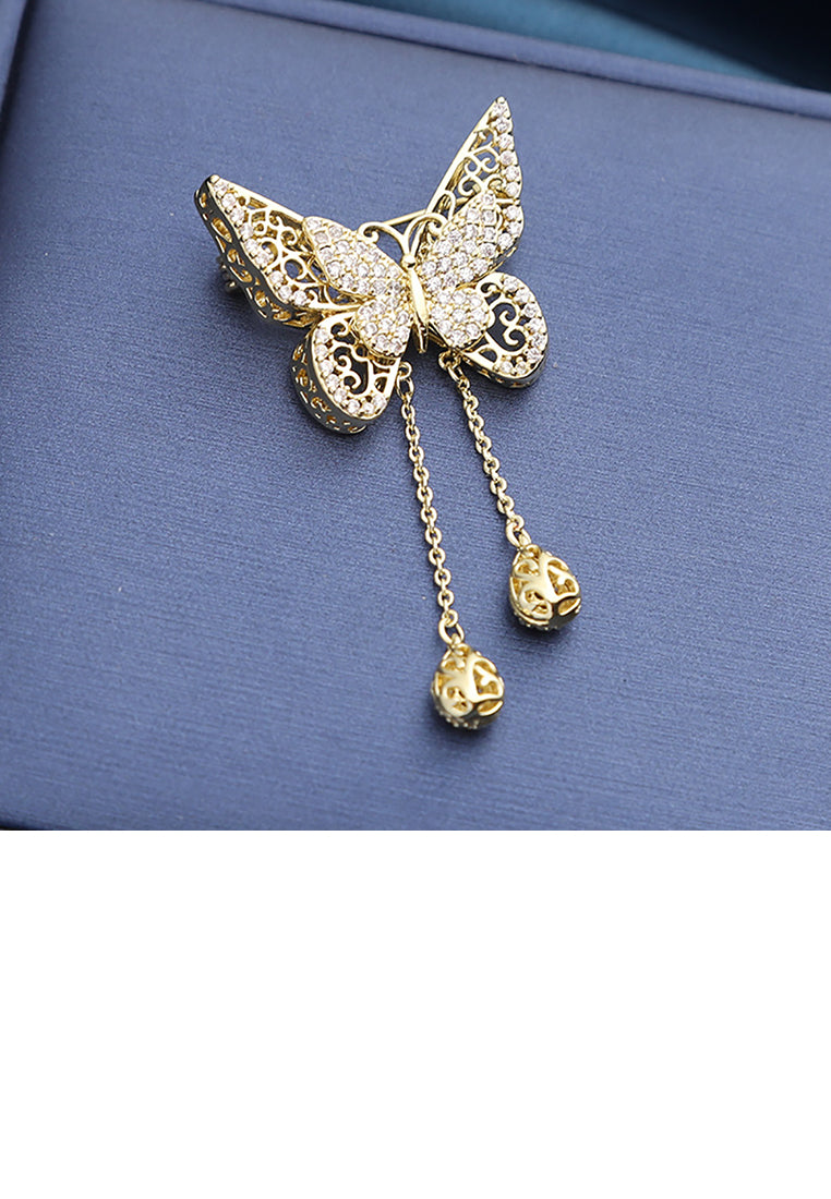Fashion and Elegant Plated Gold Butterfly Tassel Brooch with Cubic Zirconia - Luxurious Look