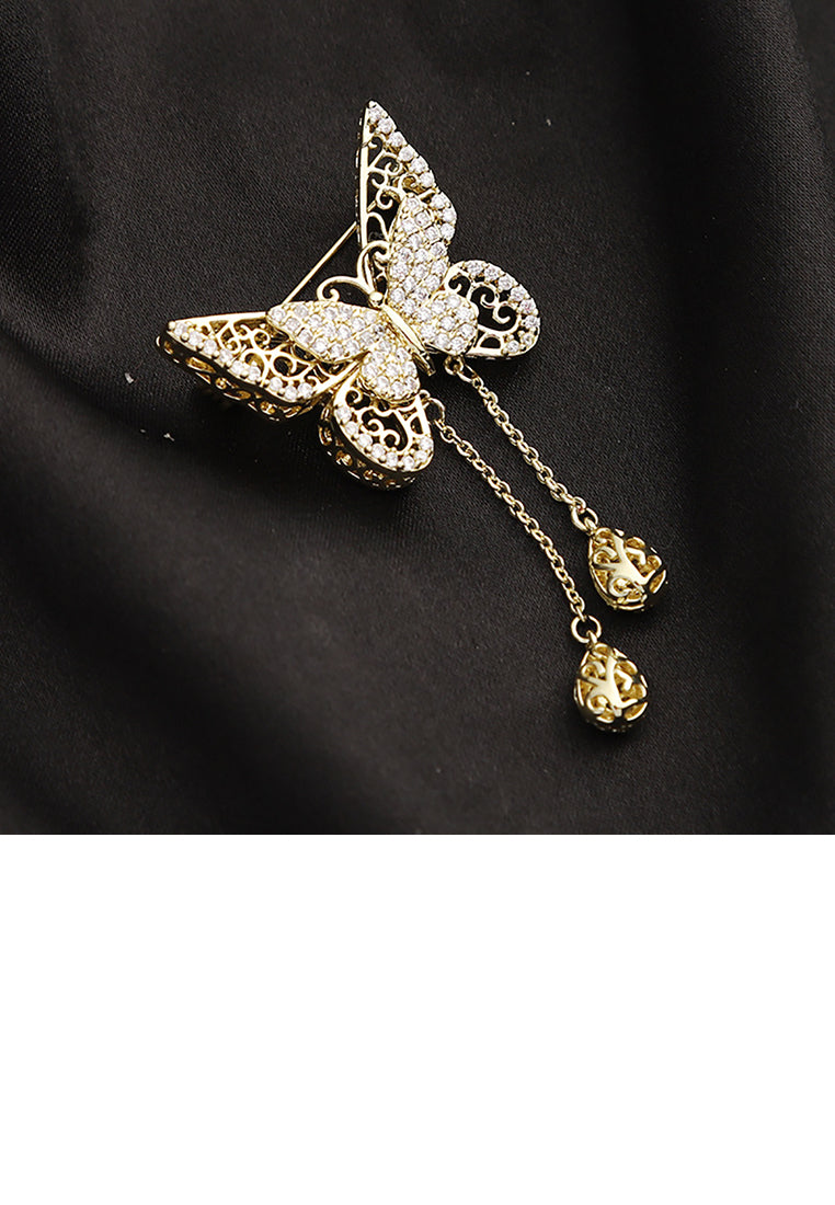 Fashion and Elegant Plated Gold Butterfly Tassel Brooch with Cubic Zirconia - Luxurious Look
