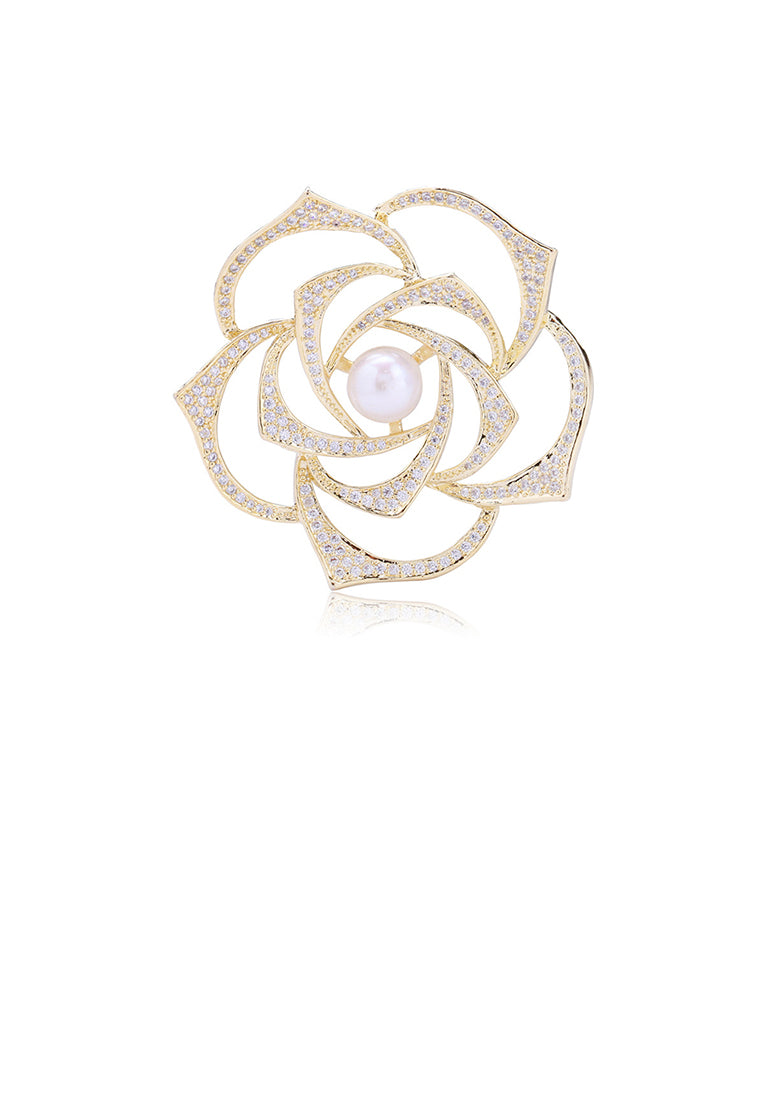 Elegant Temperament Plated Gold Hollow Rose Imitation Pearl Brooch with Cubic Zirconia - Luxurious Look