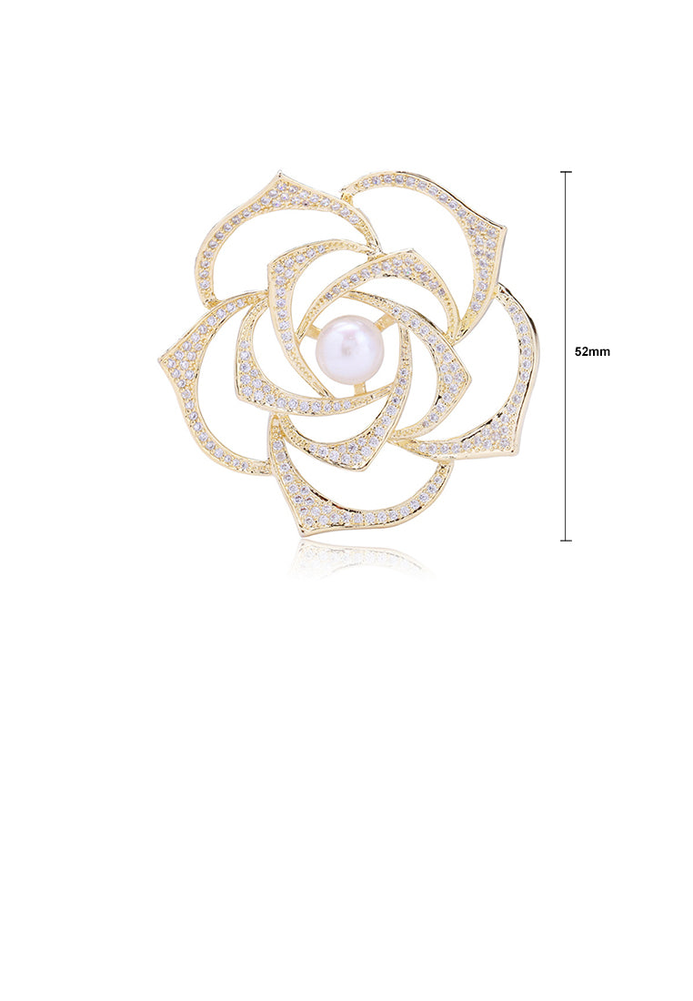 Elegant Temperament Plated Gold Hollow Rose Imitation Pearl Brooch with Cubic Zirconia - Luxurious Look