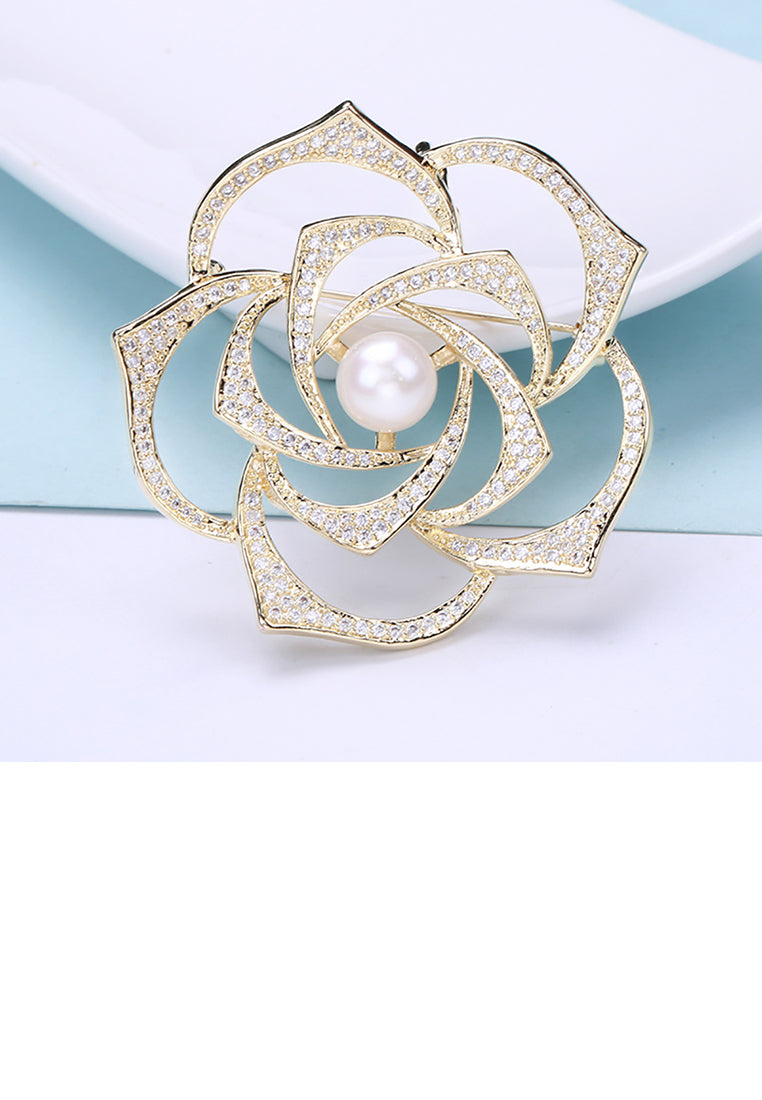 Elegant Temperament Plated Gold Hollow Rose Imitation Pearl Brooch with Cubic Zirconia - Luxurious Look