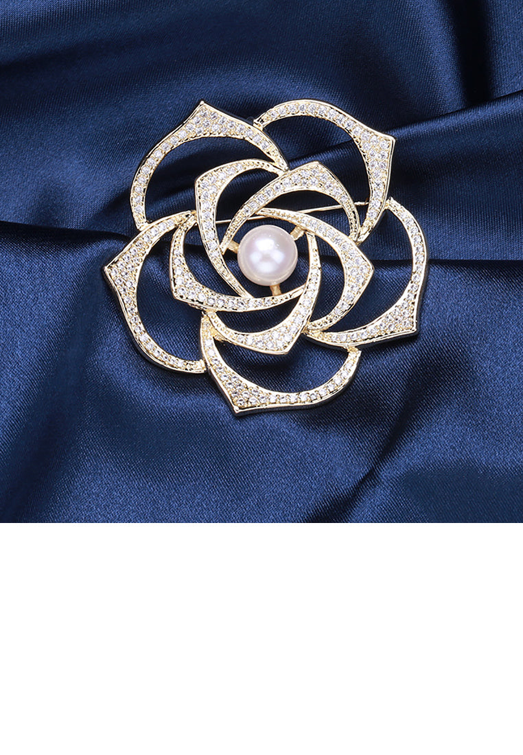 Elegant Temperament Plated Gold Hollow Rose Imitation Pearl Brooch with Cubic Zirconia - Luxurious Look