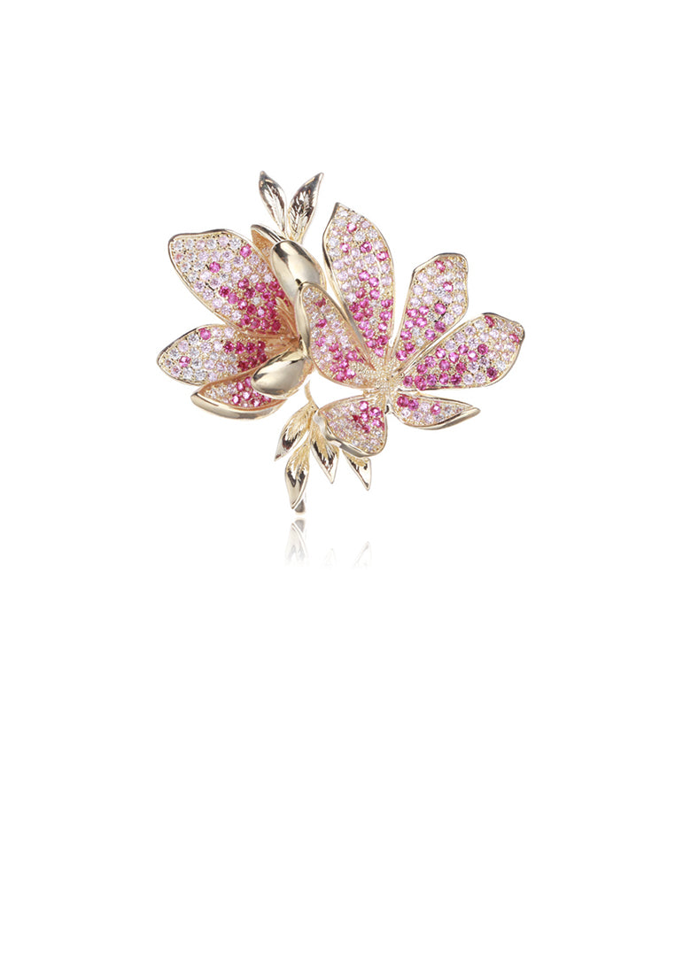Fashion and Elegant Plated Gold Flower Brooch with Purple Cubic Zirconia - Luxurious Look