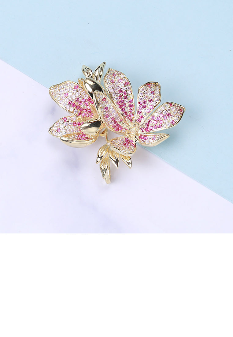 Fashion and Elegant Plated Gold Flower Brooch with Purple Cubic Zirconia - Luxurious Look