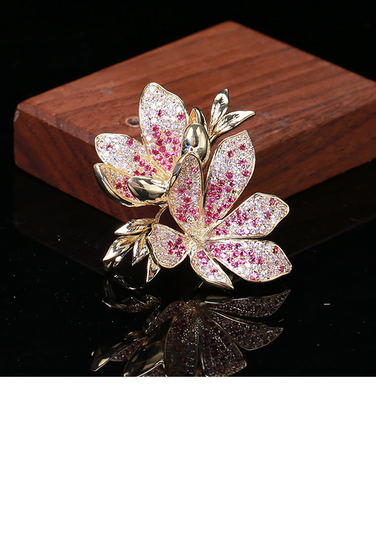 Fashion and Elegant Plated Gold Flower Brooch with Purple Cubic Zirconia - Luxurious Look
