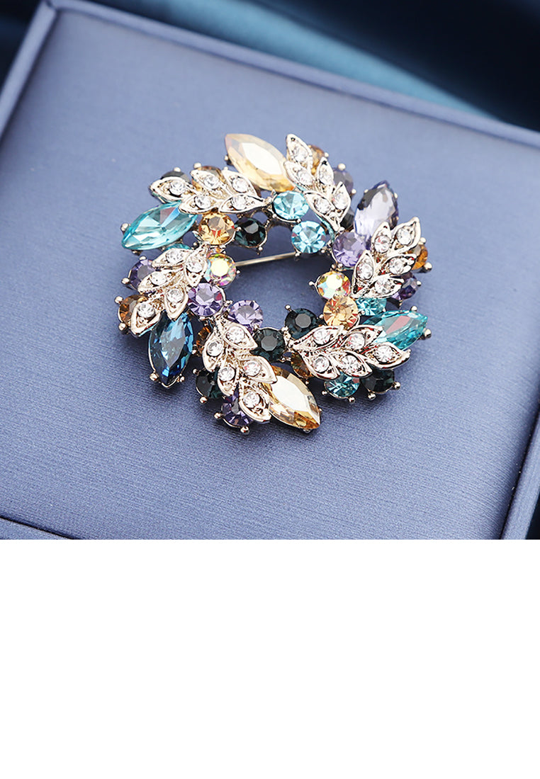 Fashion and Elegant Plated Gold Rosette Brooch with Colorful Cubic Zirconia - Luxurious Look