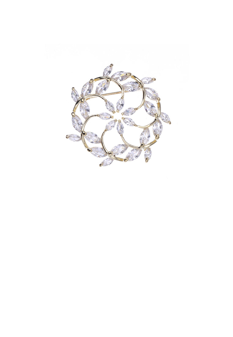 Simple and Fashion Plated Gold Rosette Brooch with Cubic Zirconia - Luxurious Look