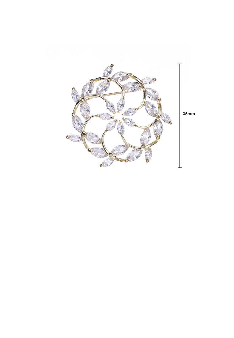 Simple and Fashion Plated Gold Rosette Brooch with Cubic Zirconia - Luxurious Look
