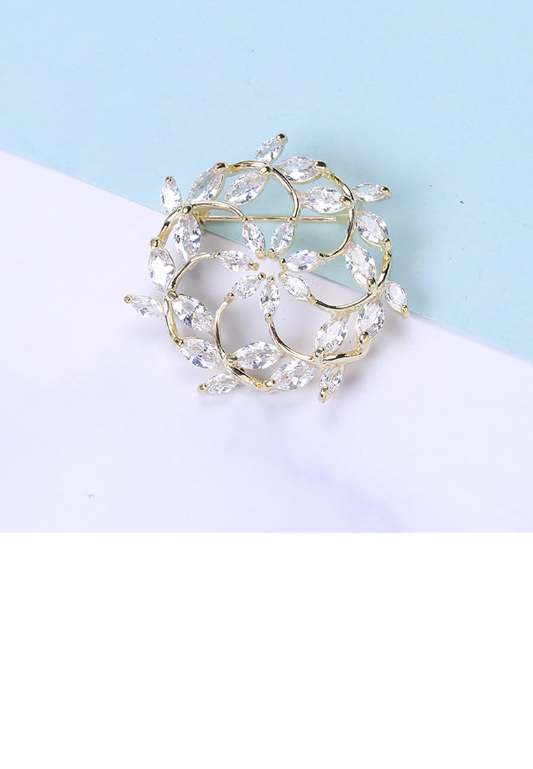 Simple and Fashion Plated Gold Rosette Brooch with Cubic Zirconia - Luxurious Look