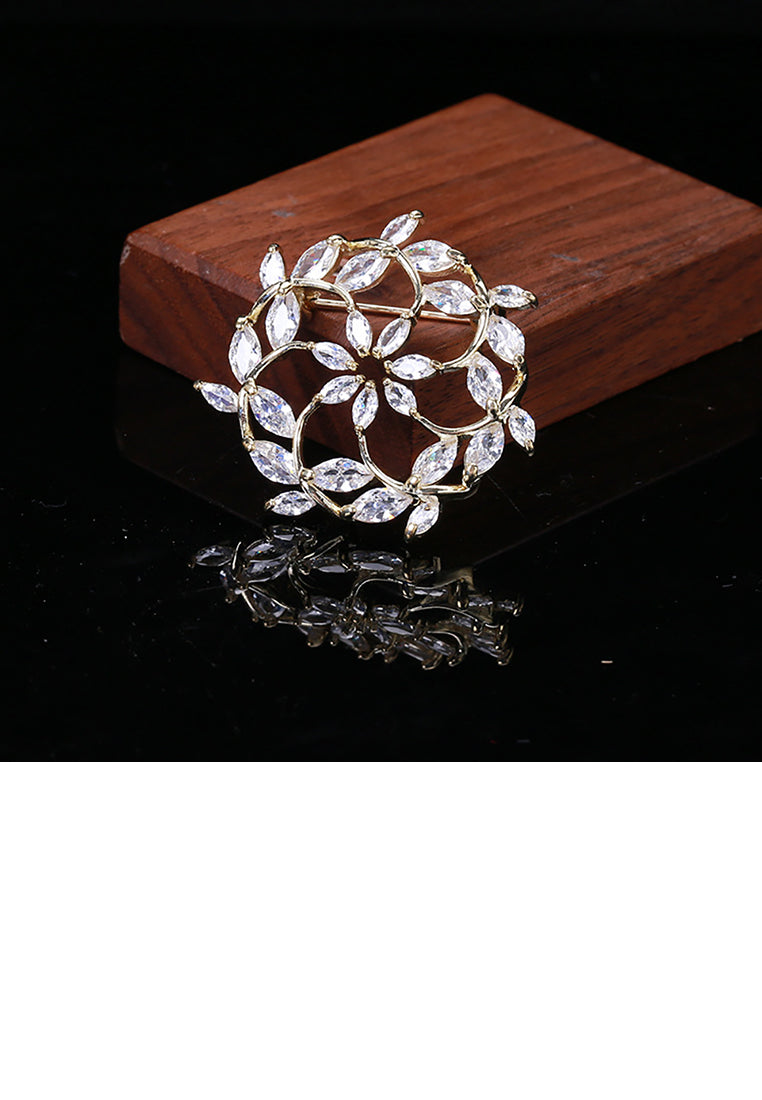 Simple and Fashion Plated Gold Rosette Brooch with Cubic Zirconia - Luxurious Look