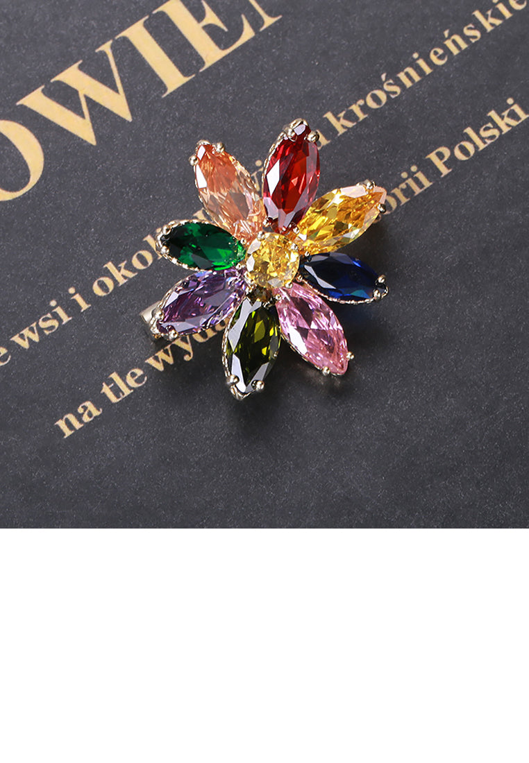 Fashion and Simple Plated Gold Color Flower Brooch with Cubic Zirconia - Luxurious Look
