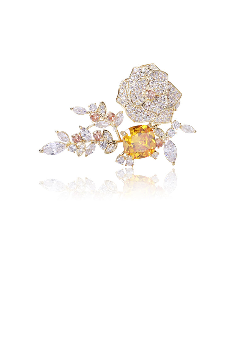 Fashion and Elegant Plated Gold Camellia Brooch with Yellow Cubic Zirconia - Luxurious Look