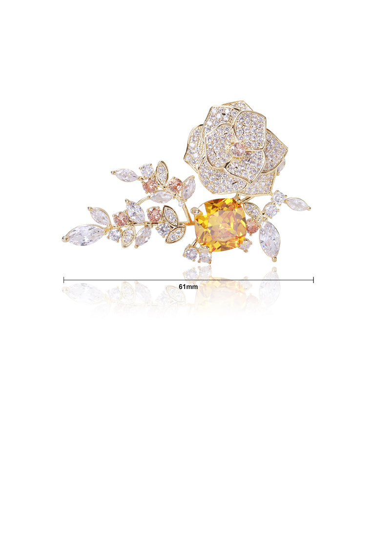 Fashion and Elegant Plated Gold Camellia Brooch with Yellow Cubic Zirconia - Luxurious Look