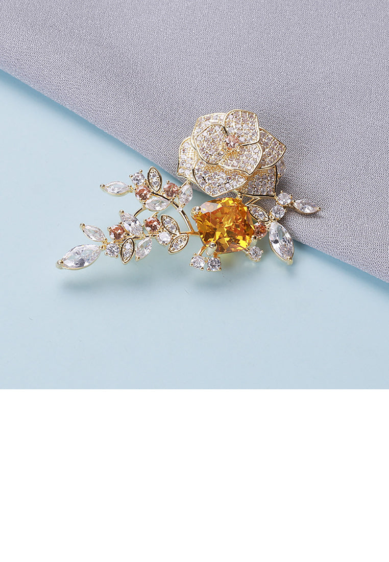 Fashion and Elegant Plated Gold Camellia Brooch with Yellow Cubic Zirconia - Luxurious Look