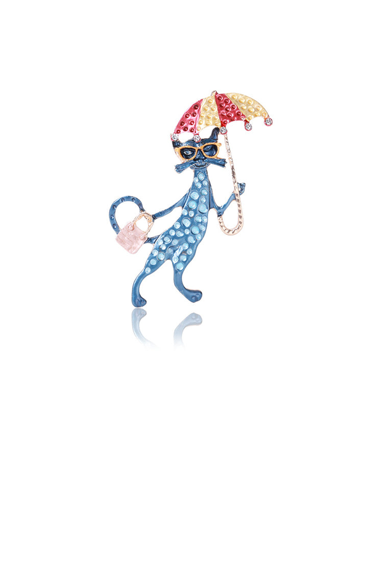 Fashion Creative Plated Gold Enamel Blue Cat Umbrella Brooch with Cubic Zirconia - Luxurious Look