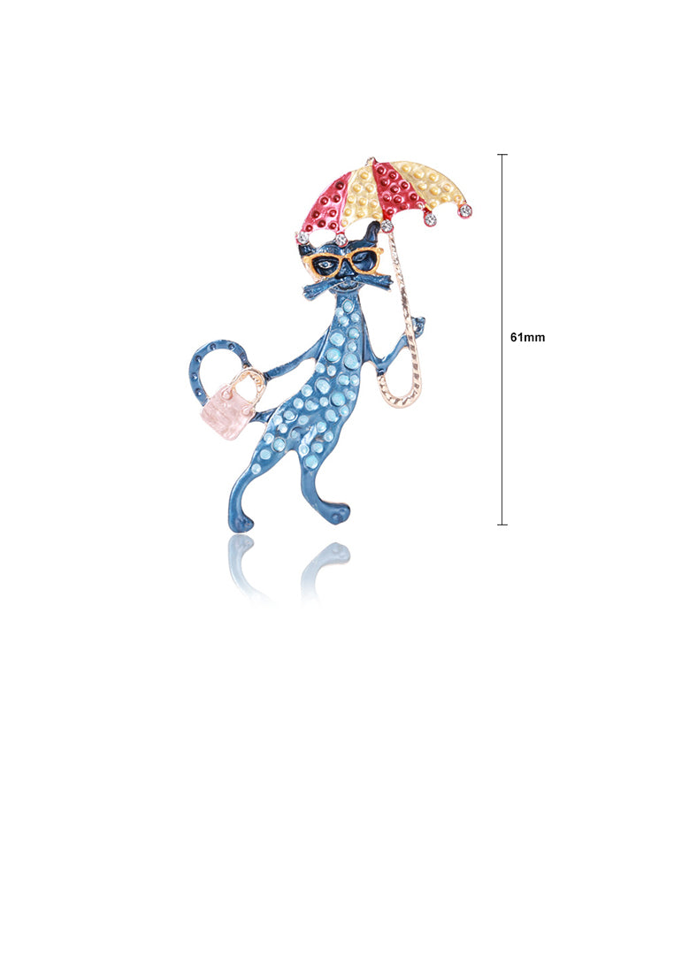 Fashion Creative Plated Gold Enamel Blue Cat Umbrella Brooch with Cubic Zirconia - Luxurious Look
