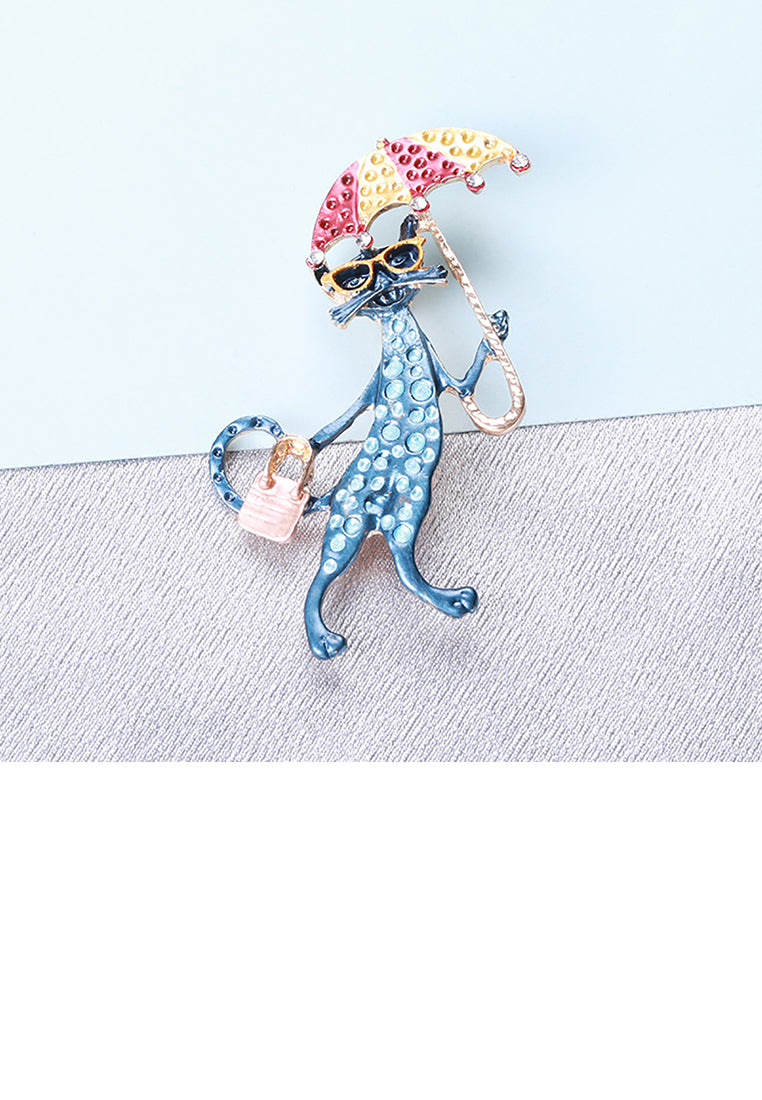 Fashion Creative Plated Gold Enamel Blue Cat Umbrella Brooch with Cubic Zirconia - Luxurious Look