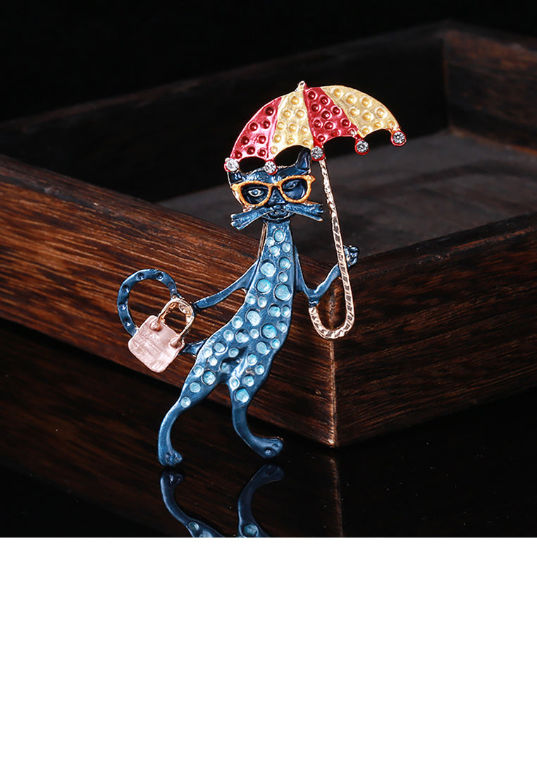 Fashion Creative Plated Gold Enamel Blue Cat Umbrella Brooch with Cubic Zirconia - Luxurious Look